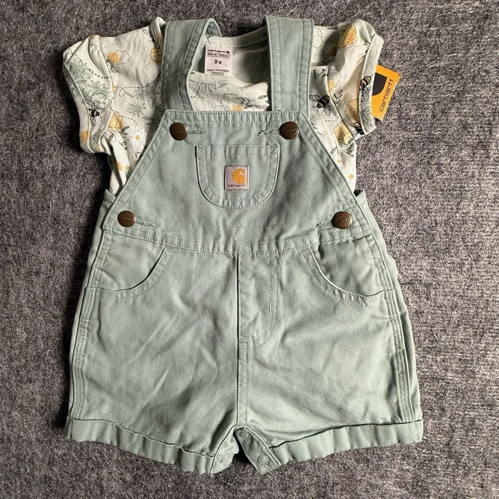 Carhartt Infant 9 Month Shortall Set Bee Floral Bodysuit Green NWT Baby Girl
